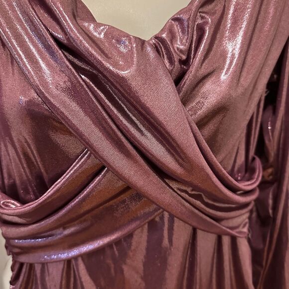 Gibiu Elegant Burgundy Metallic Shimmer Shiny Long Draped Dress Formal 1x-2x - Picture 6 of 8